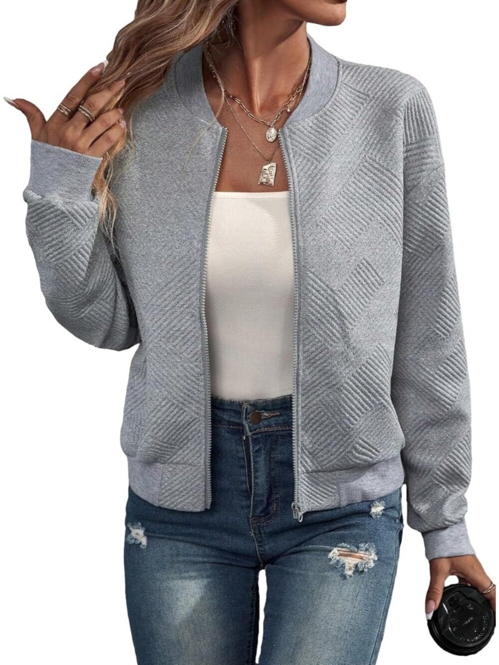 Women's Grey Ribbed Cuffs Long Sleeve Aviator Baseball Neckline Bomber Jacket